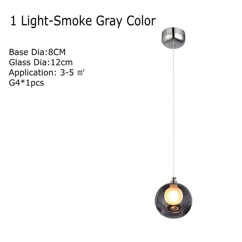Modern multicolored clear glass chandelier with a light-smoke gray spherical pendant and chrome ceiling mount for decorbites clear glass lighting