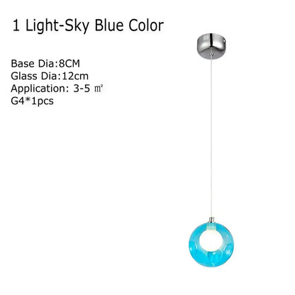 A sleek light-sky blue clear glass chandelier pendant light with modern circular design and chrome ceiling mount
