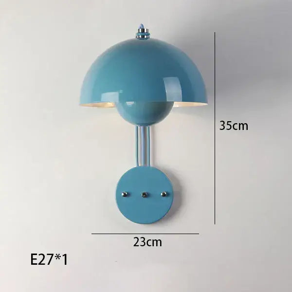 Blue glossy modern mushroom-shaped wall lamp with metallic stem for decorbites colorful led bedside bedroom lighting