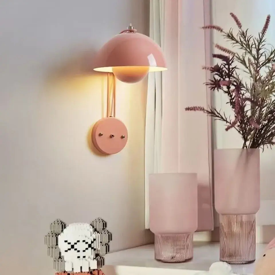 Pastel pink modern mushroom wall lamp with colorful led dome shade and slender metallic arms for bedroom decorbites colorful led
