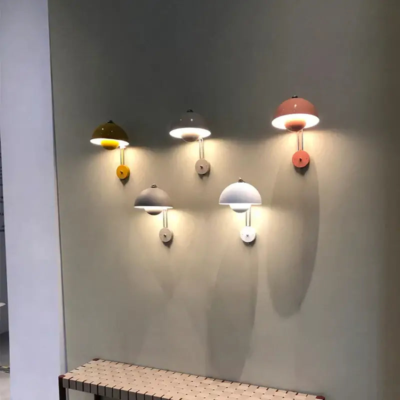 Set of five modern mushroom colorful led bedside wall lamps with dome-shaped yellow white and pink shades by decorbites