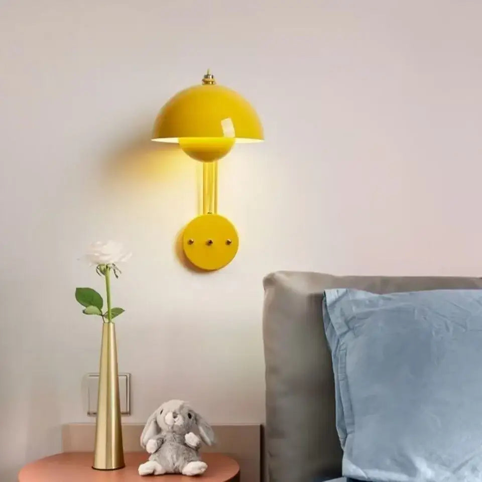 Vibrant yellow dome-shaped modern mushroom colorful led bedside wall lamp with sleek metallic finish for bedroom decorbites colorful led