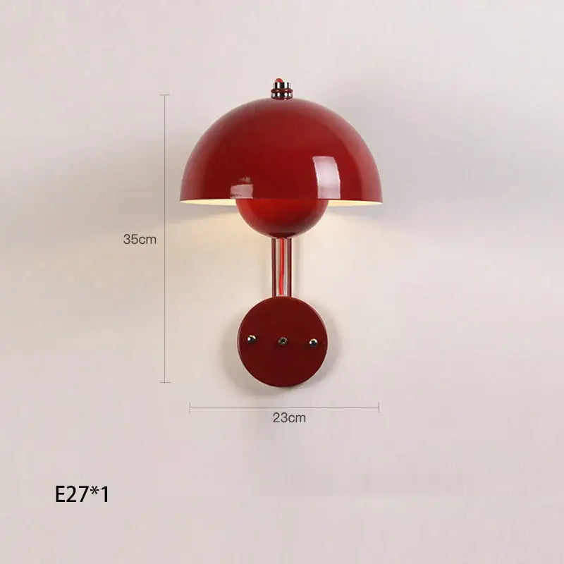 Vibrant red glossy wall lamp with mushroom design and circular base for modern colorful led bedside decorbites lighting
