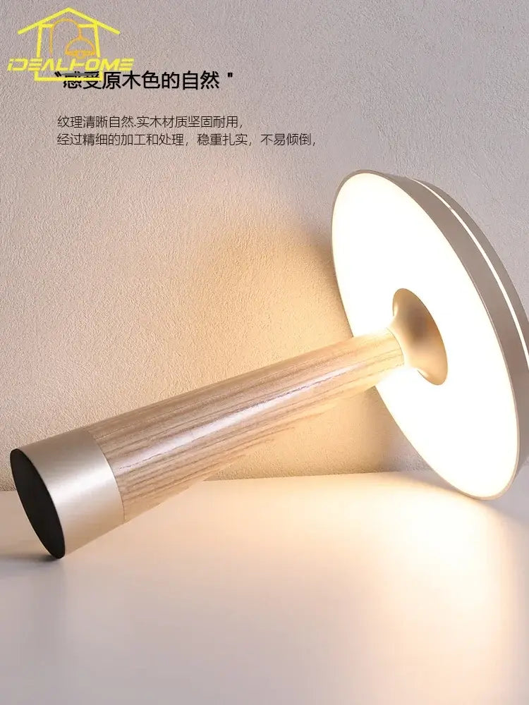 Modern mushroom solid wood table lamp with natural wood stem and white circular diffuser for bedroom decorbites ceil solid use