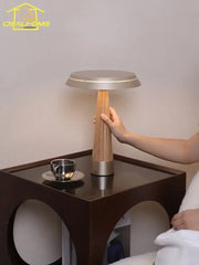 Modern mushroom solid wood table lamp with bamboo-textured column and brushed metallic top for bedroom decorbites ceil solid lighting