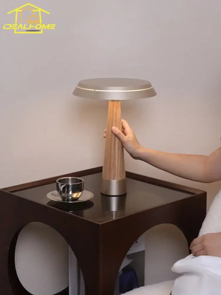 Modern mushroom solid wood table lamp with bamboo-textured column and brushed metallic top for bedroom decorbites ceil solid lighting