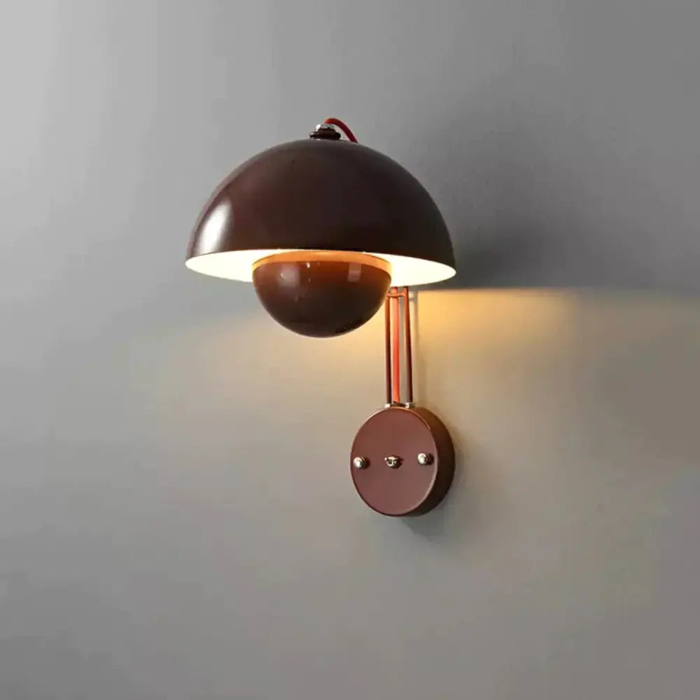 Brown metallic modern mushroom wall lamp with dome shade and copper-toned brass base type finish for bedroom