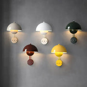 Set of five modern mushroom wall lamps with brass base type in matte gray white dark green brown and yellow finishes