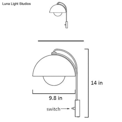 Modern mushroom wall lamp with brass base type features a sleek curved arm and dome-shaped shade for bedroom use