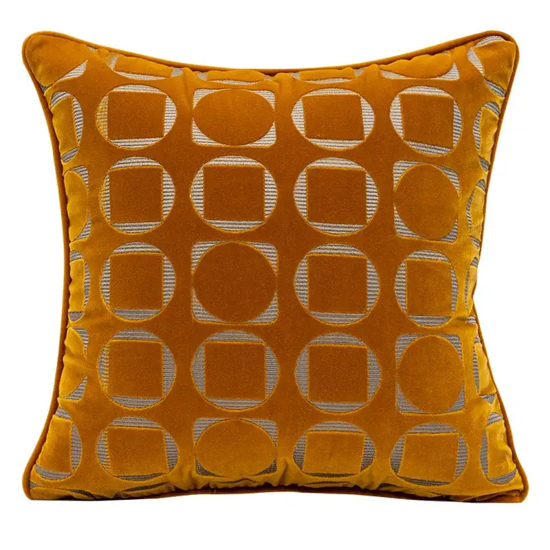 A modern mustard and silver geometric jacquard pillow cover with interlocking circles and squares velvet decorbites pillow cover