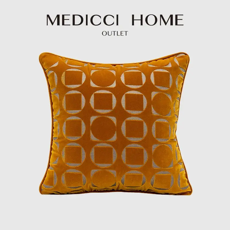 Modern mustard-yellow velvet pillow cover with silver stitched geometric jacquard pattern for living room decorbites decor