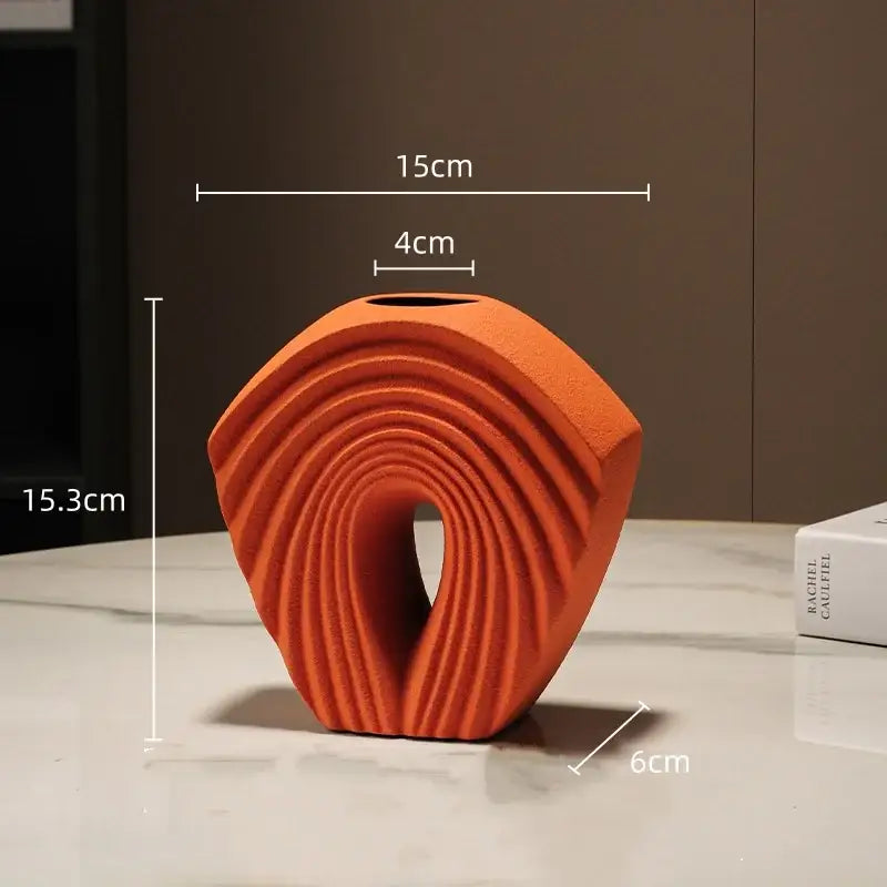 Modern mustard yellow geometric folds ceramic vase with vibrant orange concentric sculpted ridges for living room decorbites geometric folds decor