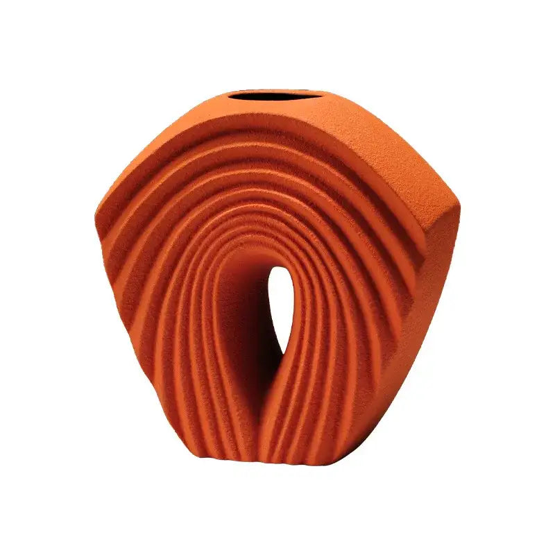Modern mustard yellow geometric folds ceramic vase with concentric ridged design and central opening for living room decorbites geometric folds