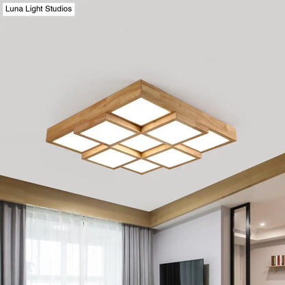 DecorBites™ DecorBites™ Modern Natural Wood LED Ceiling Lamp - Square Flush Shape with 4/6/9-Light Options in Warm/White/Natural Light