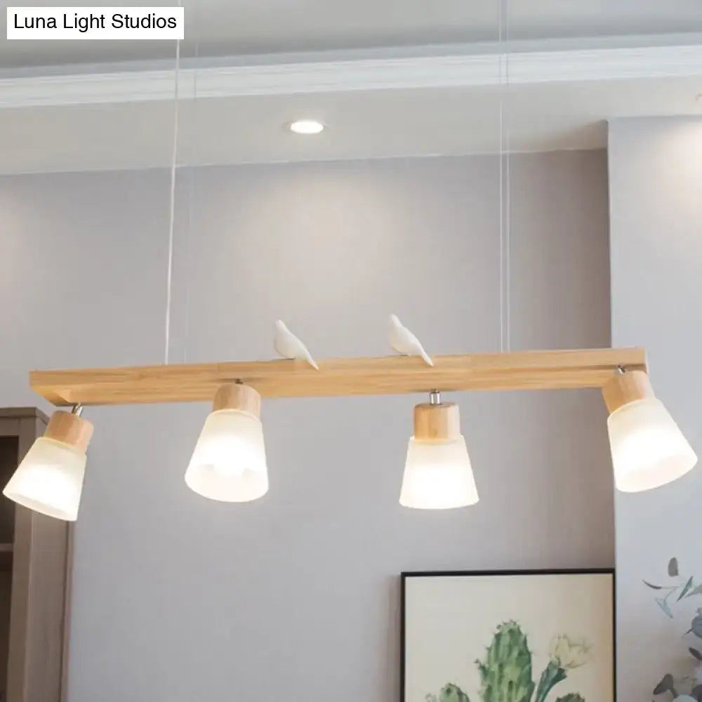 Modern natural wood rectangle island pendant light with frosted glass shades and white ceramic bird figurines