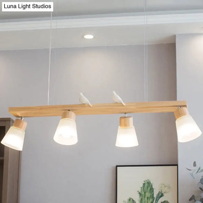 Modern natural wood rectangle island pendant light with frosted glass shades and white ceramic bird figurines