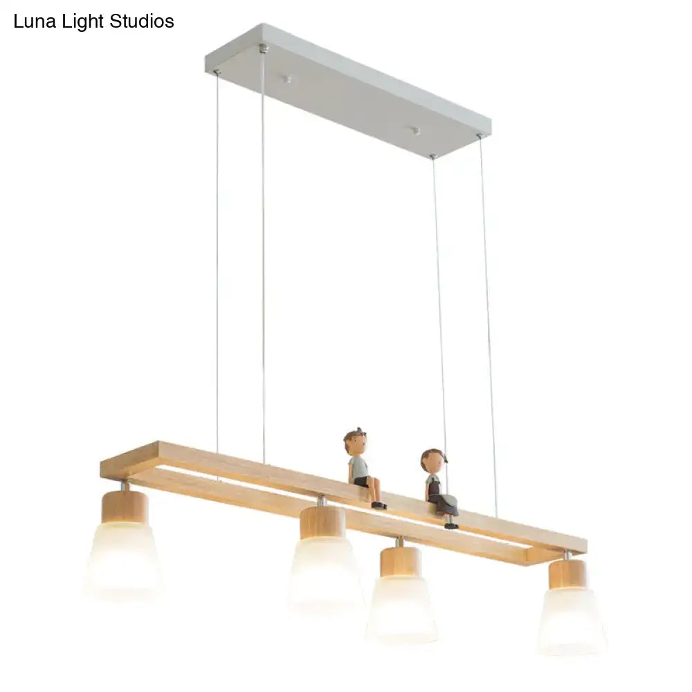 Modern natural wood rectangle island pendant light with white metal mount and frosted glass shades for pendant lighting