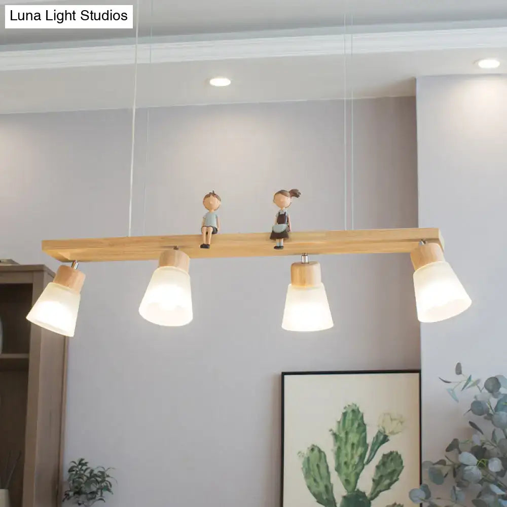 Modern natural wood rectangle island pendant light with four frosted glass shades and small figurine decorations
