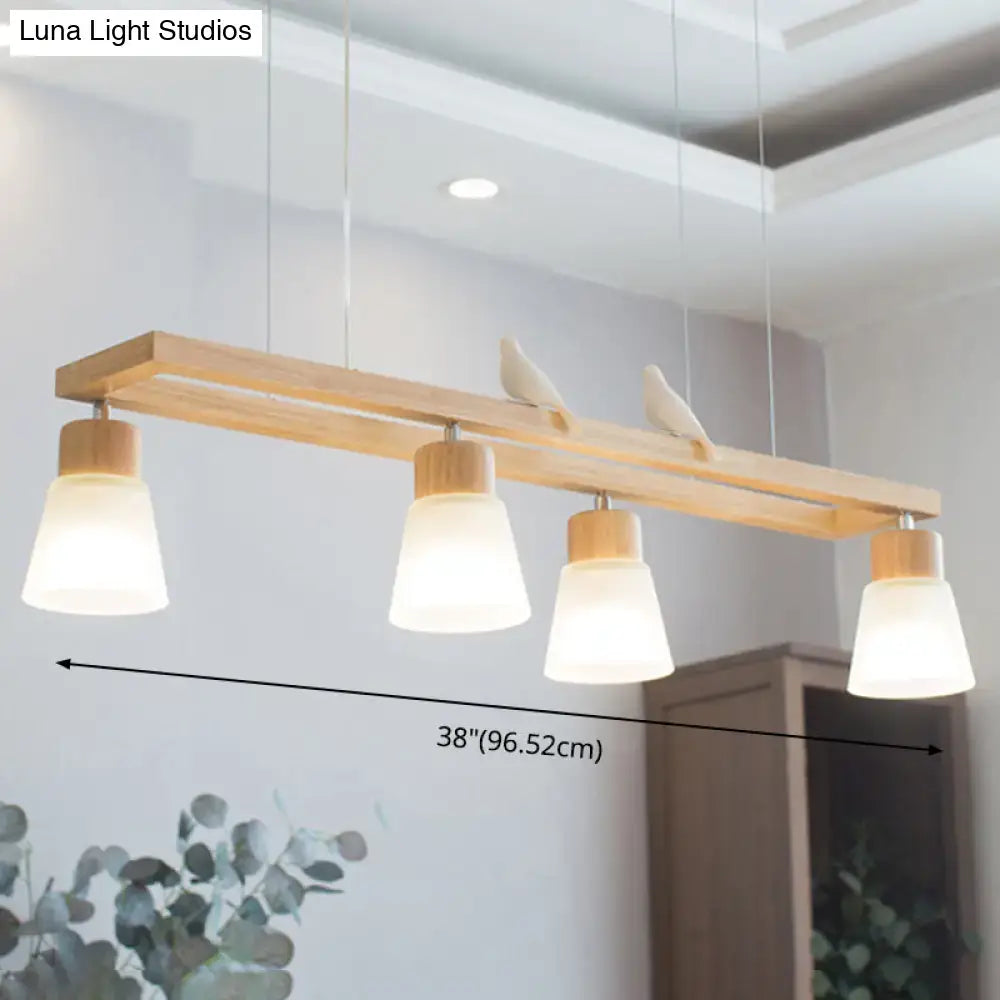 Modern natural wood rectangle island pendant lighting with four frosted glass shades and white ceramic bird figurines