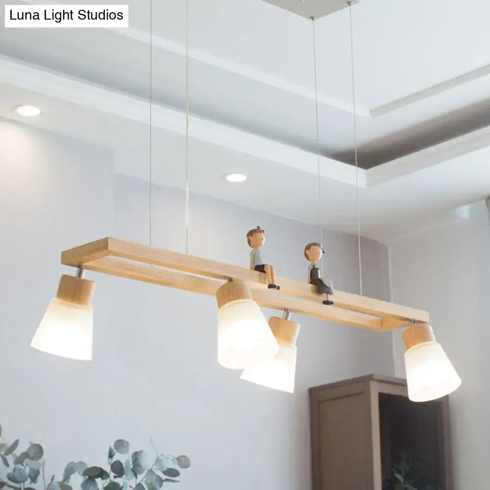 Modern natural wood rectangle island pendant light with three frosted glass shades and figurine ornaments on bar