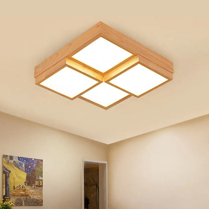 DecorBites™ DecorBites™ Modern Natural Wood Square Flush Mount Ceiling Light - 4/6/9-Light LED Wooden Fixture in Warm/White/Natural Tones