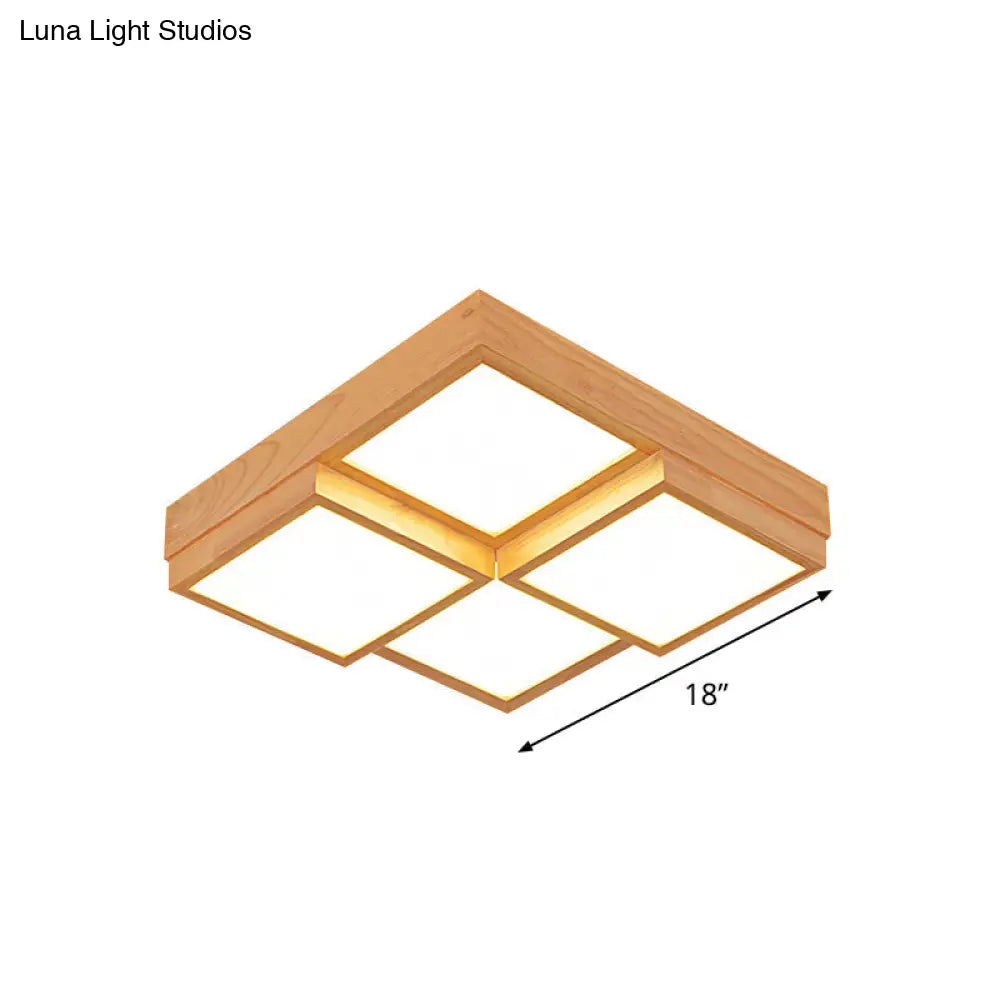 DecorBites™ DecorBites™ Modern Natural Wood Square Flush Mount Ceiling Light - 4/6/9-Light LED Wooden Fixture in Warm/White/Natural Tones