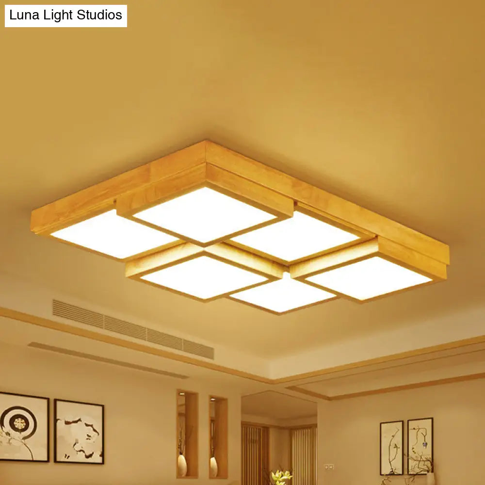 DecorBites™ DecorBites™ Modern Natural Wood Square Flush Mount Ceiling Light - 4/6/9-Light LED Wooden Fixture in Warm/White/Natural Tones