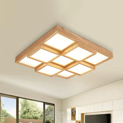 DecorBites™ DecorBites™ Modern Natural Wood Square Flush Mount Ceiling Light - 4/6/9-Light LED Wooden Fixture in Warm/White/Natural Tones
