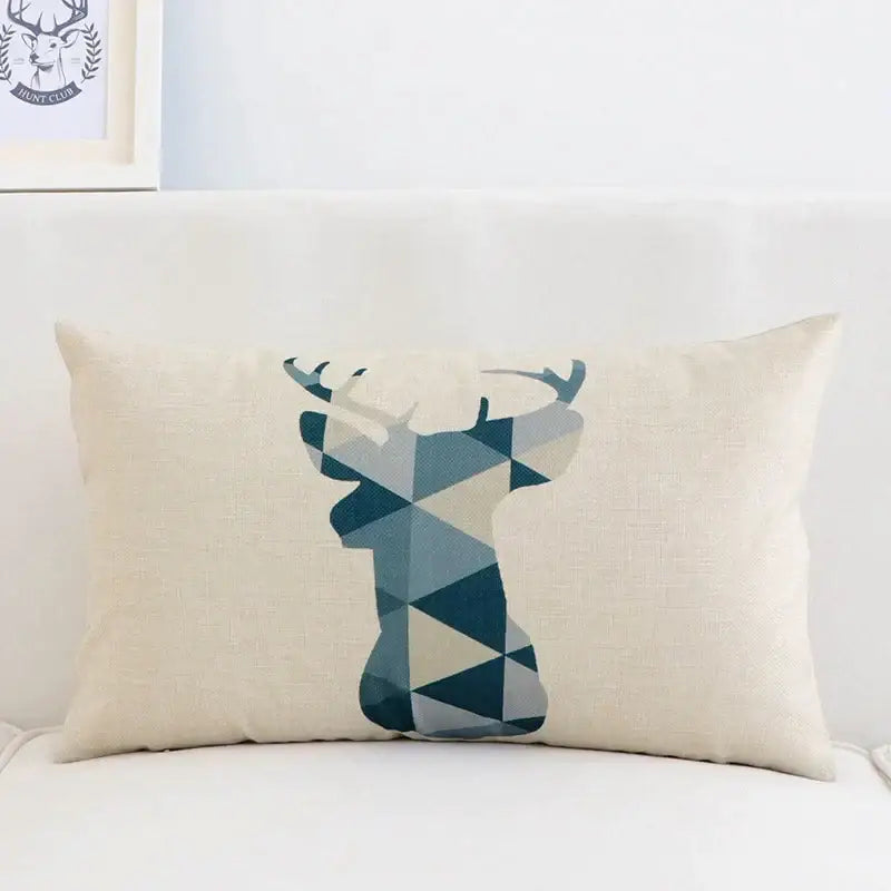 Beige linen pillow cover 30x50cm featuring teal and gray geometric elk silhouette for modern living room decorbites decor