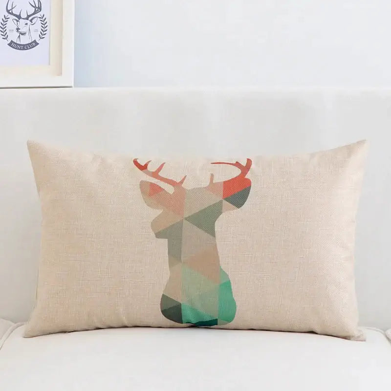 Beige linen pillow cover 30x50cm with modern navy and beige geometric elk design in orange green and gray by decorbites