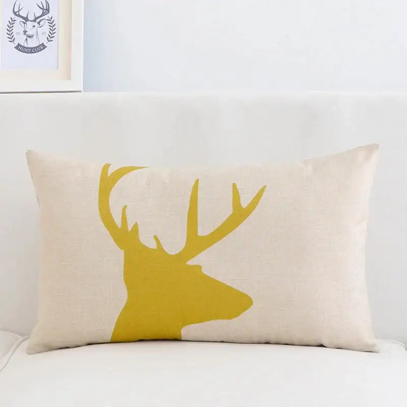 Beige linen pillow cover 30x50cm with bold mustard-yellow deer silhouette decorbites geometric elk for living room decor
