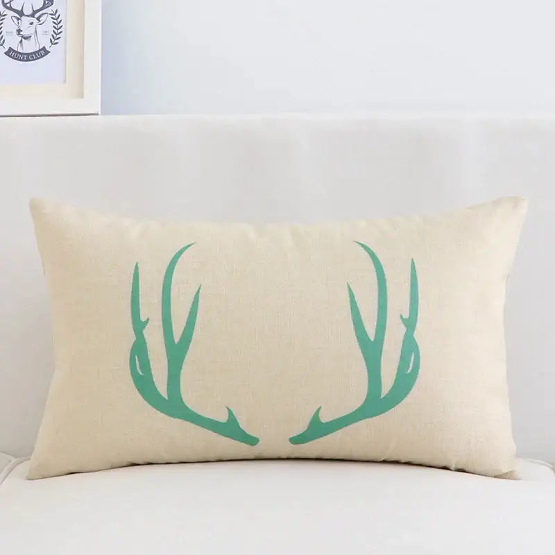 Beige rectangular pillow cover 30x50cm with teal deer antler design for modern navy and beige decorbites geometric elk style