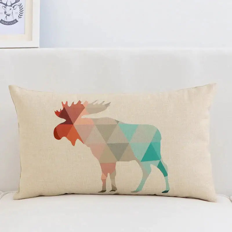 Beige linen pillow cover 30x50cm with modern navy and beige geometric elk design by decorbites for living room decor