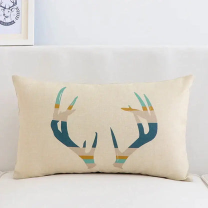 Beige linen pillow cover 30x50cm with teal beige and gold stylized deer antler design for modern decorbites geometric elk decor