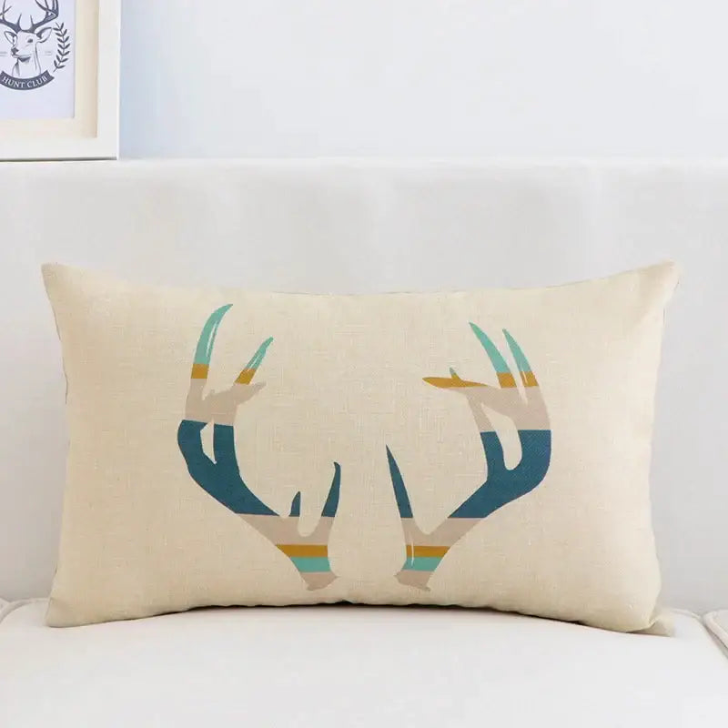 Beige linen pillow cover 30x50cm with teal beige and gold stylized deer antler design for modern decorbites geometric elk decor