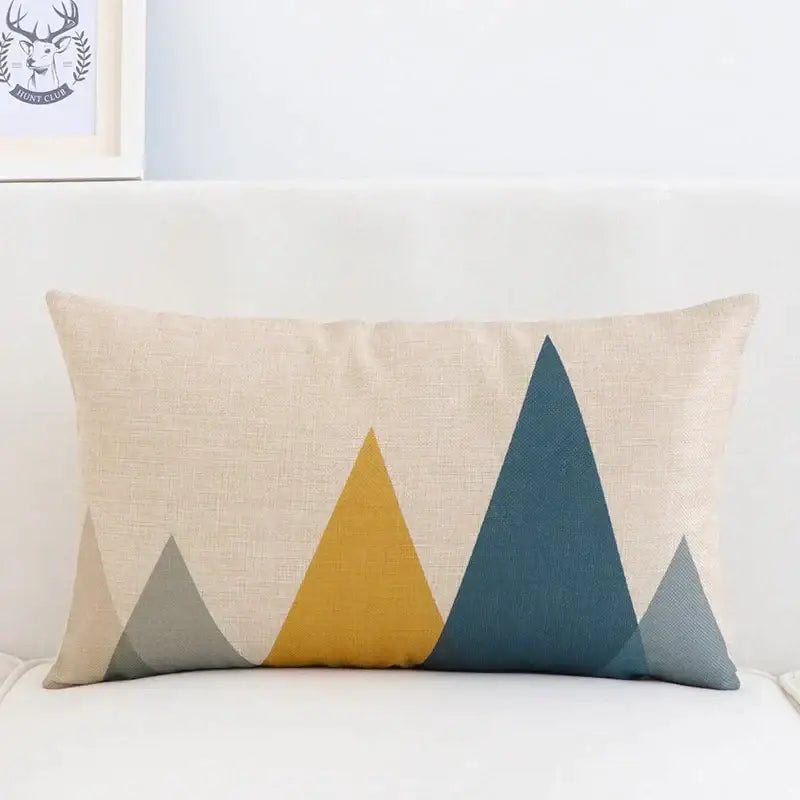Beige linen pillow cover 30x50cm with modern geometric mountain design in mustard yellow teal and gray decorbites geometric elk