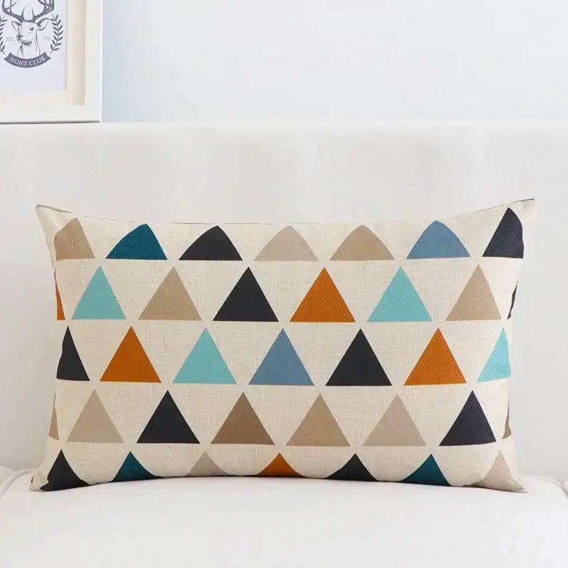 Rectangular pillow cover 30x50cm with modern navy and beige geometric elk pattern on light linen fabric by decorbites