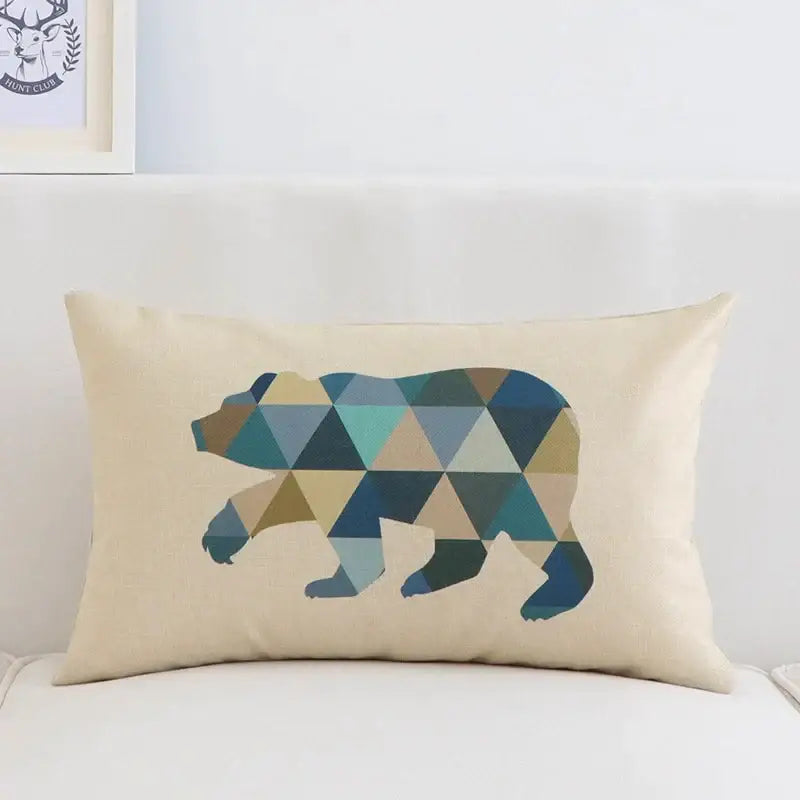 Beige pillow cover 30x50cm with geometric bear design in blue teal for modern navy and beige decorbites geometric elk style