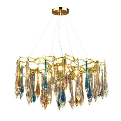 Modern nest crystal led chandelier with golden frame and cascading blue amber and clear glass teardrop pendants for living room