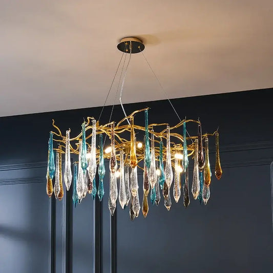 Modern nest crystal led chandelier with golden branch frame and multicolored glass teardrop pendants for living room