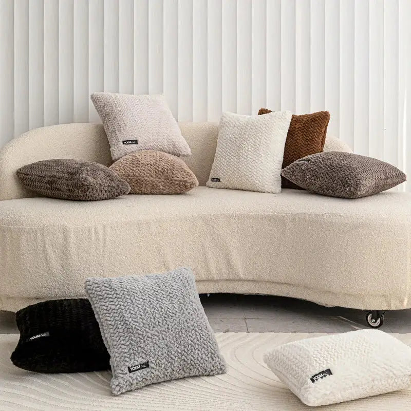 Beige plush faux fur cushion covers with decorbites geometric texture for modern neutral living room decor