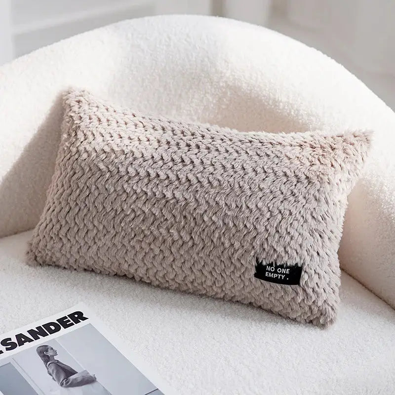 Beige textured knit cushion cover with black no one empty label featuring decorbites geometric texture plush design