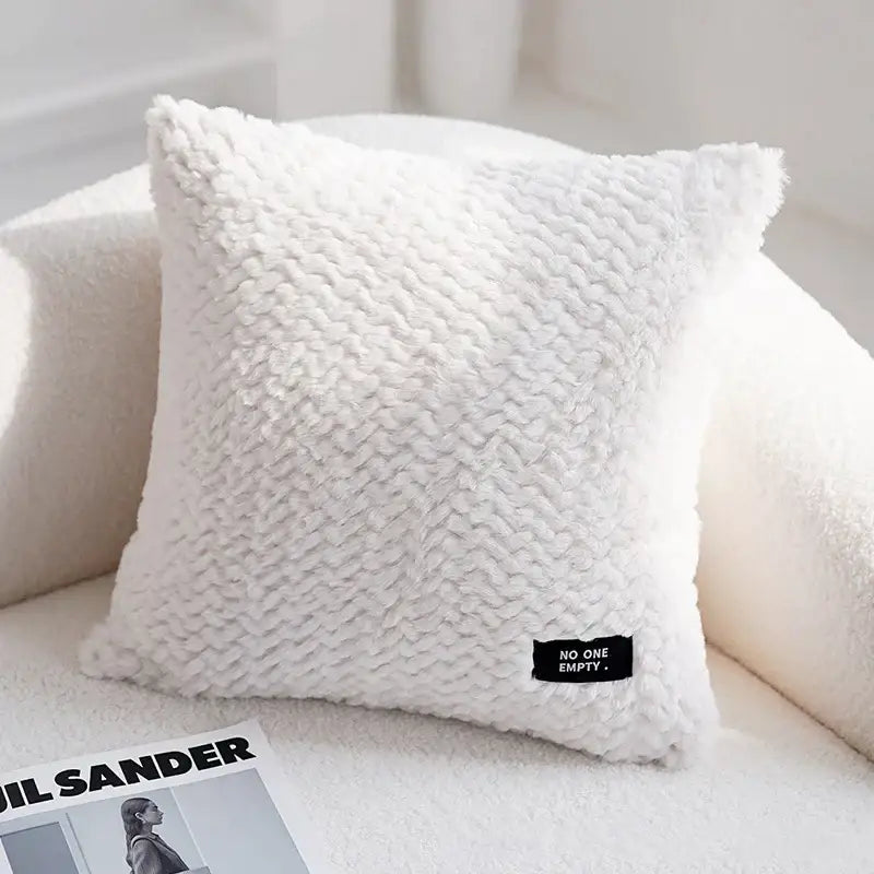 Modern neutral white plush cushion cover with decorbites geometric texture and no one empty label for living room decor
