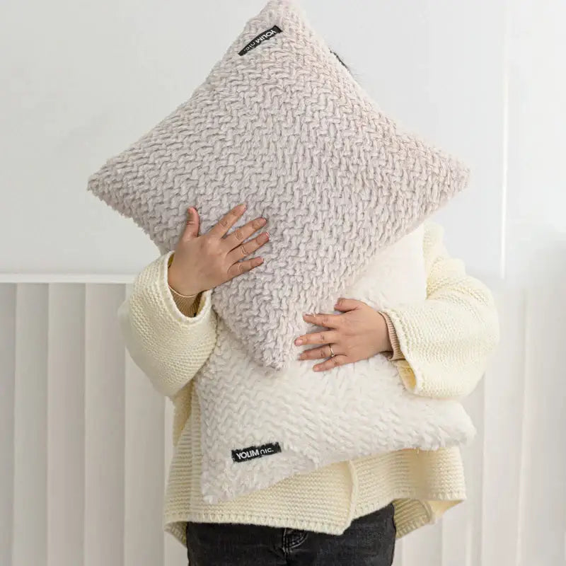Modern neutral beige cushion cover with decorbites geometric texture plush surface ideal for living room decor