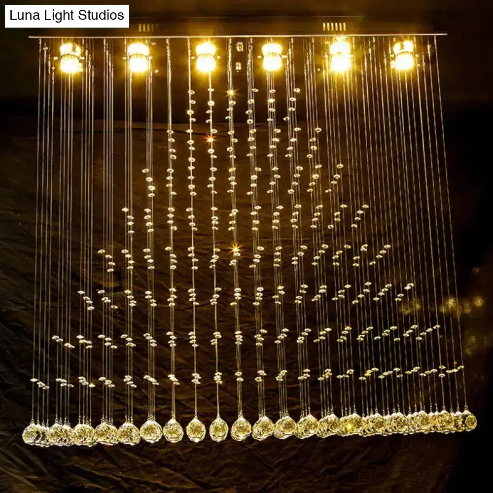 DecorBites™ contemporary crystal ball cascade flush ceiling light with six nickel finish lights and clear faceted crystals