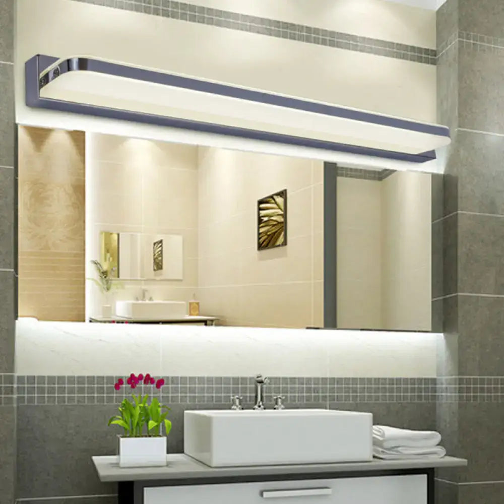 Modern rectangular bathroom mirror with integrated led lighting and sleek silver metal frame in nickel finish vanity sconce design
