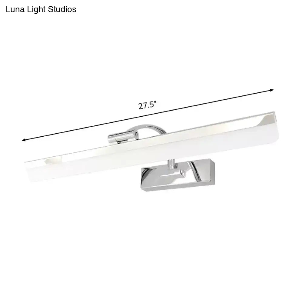 Modern nickel finish rectangular led vanity light with chrome-finished wall mount and frosted diffuser emitting warm white light