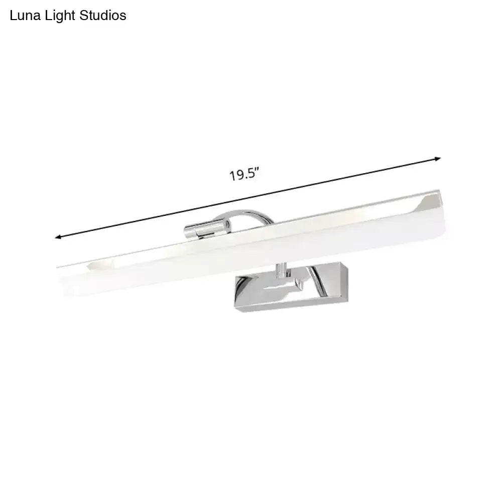 Modern nickel finish rectangular led vanity light with chrome body and frosted glass diffuser emitting white light
