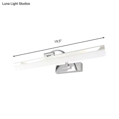 Modern nickel finish rectangular led vanity light with chrome body and frosted glass diffuser emitting white light