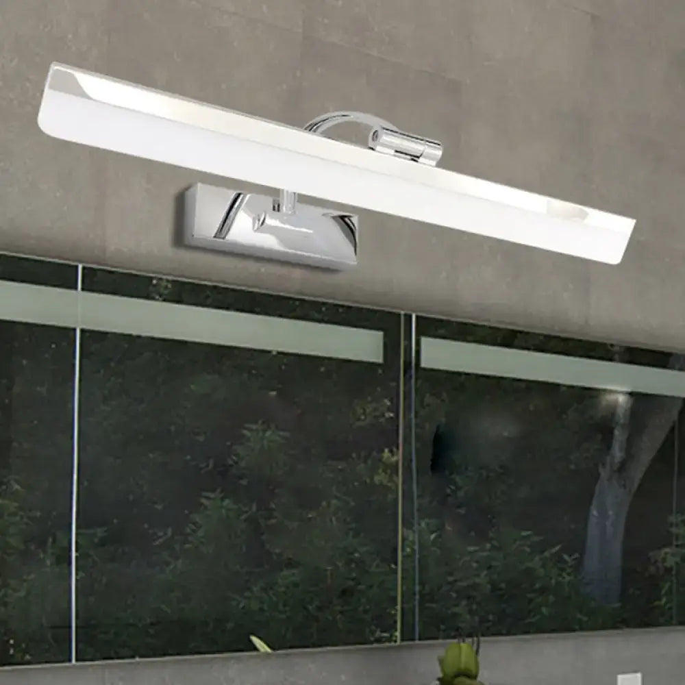 Modern nickel finish rectangular led vanity light with chrome finish providing warm white light for bathroom use